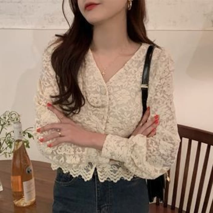 Long-Sleeve V-Neck Lace Cropped Blouse - Beige / One Size