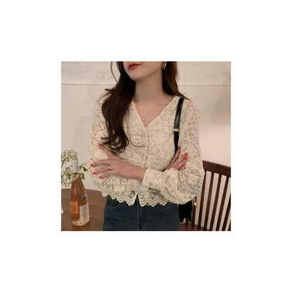 Long-Sleeve V-Neck Lace Cropped Blouse - Beige / One Size