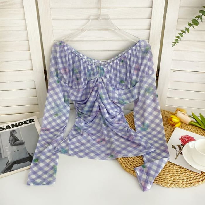 Long-Sleeve V-Neck Plaid Mesh Slim Fit Top - Light Purple