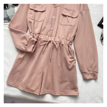 Long-Sleeve V-Neck Plain Button-Up Drawstring Romper