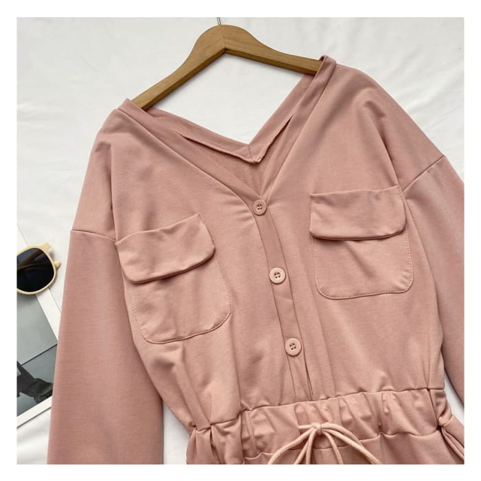 Long-Sleeve V-Neck Plain Button-Up Drawstring Romper