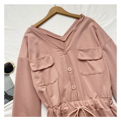 Long-Sleeve V-Neck Plain Button-Up Drawstring Romper