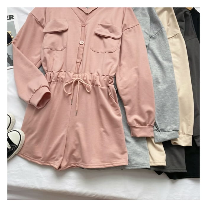 Long-Sleeve V-Neck Plain Button-Up Drawstring Romper