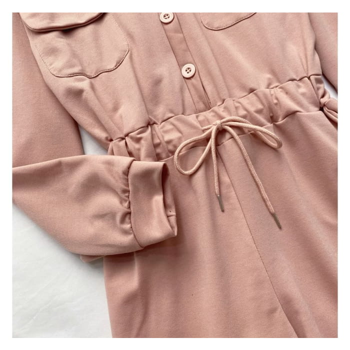 Long-Sleeve V-Neck Plain Button-Up Drawstring Romper