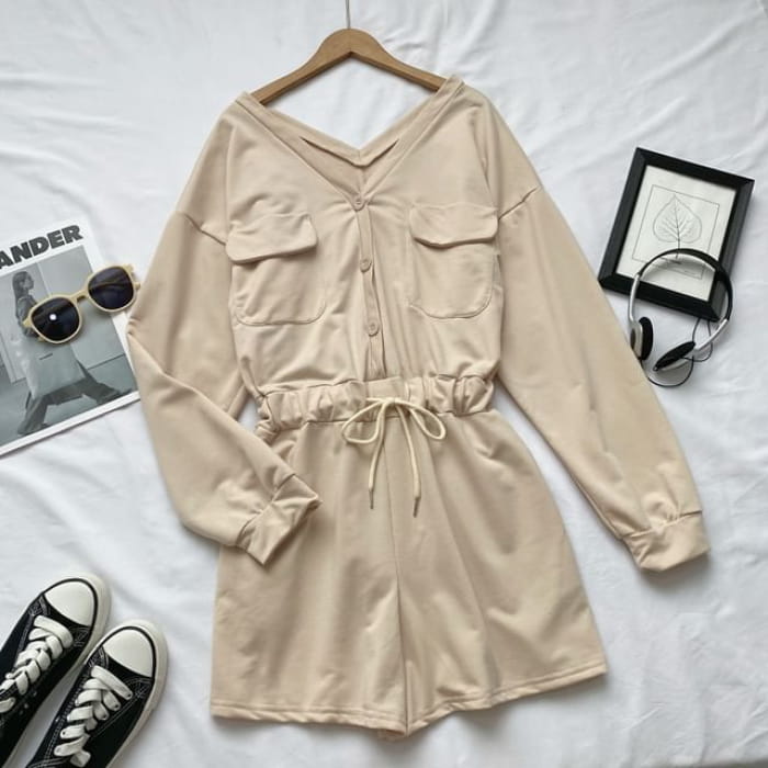 Long-Sleeve V-Neck Plain Button-Up Drawstring Romper