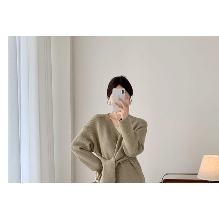 Long-Sleeve V-Neck Plain Ribbed Knotted Sweater