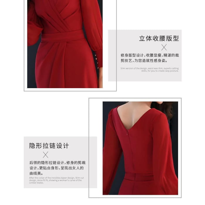 Long-Sleeve V-Neck Plain Ruched Slit Maxi Sheath Dress