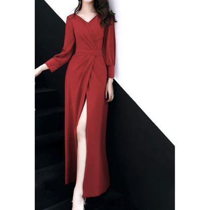 Long-Sleeve V-Neck Plain Ruched Slit Maxi Sheath Dress