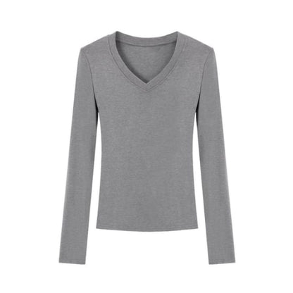 Long-Sleeve V-Neck Plain T-Shirt - Gray / S - Clothing