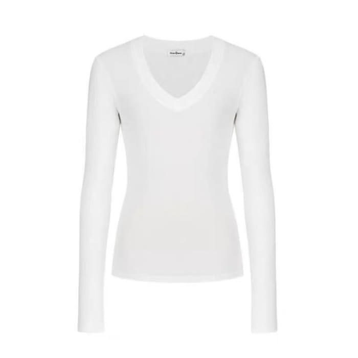 Long-Sleeve V-Neck Plain T-Shirt - White / S - Clothing