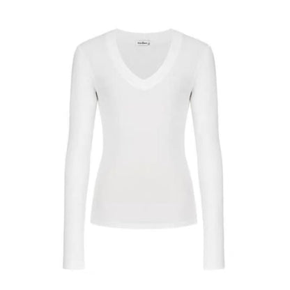 Long-Sleeve V-Neck Plain T-Shirt - White / S - Clothing