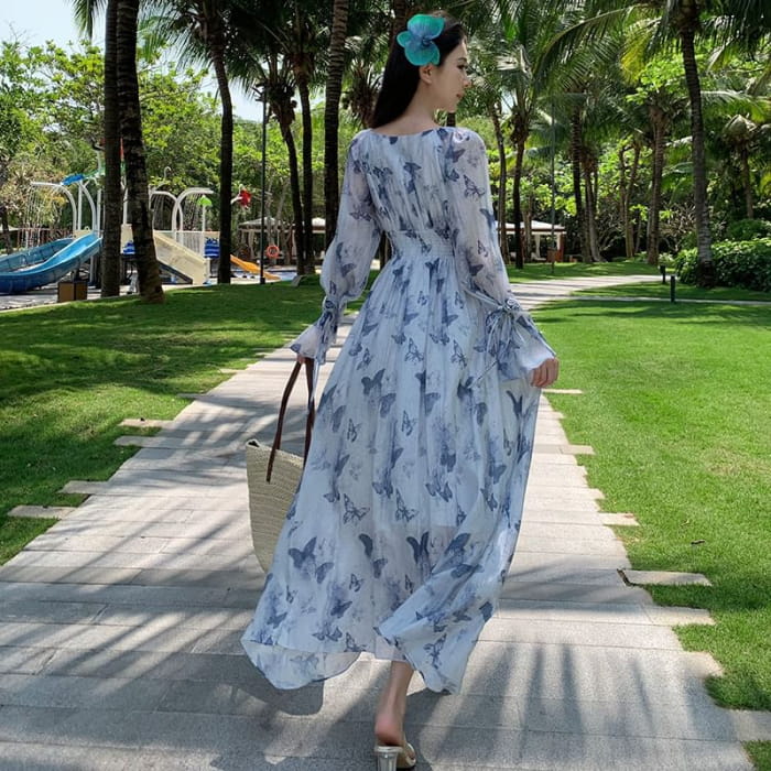 Long-Sleeve V-Neck Print Maxi A-Line Dress