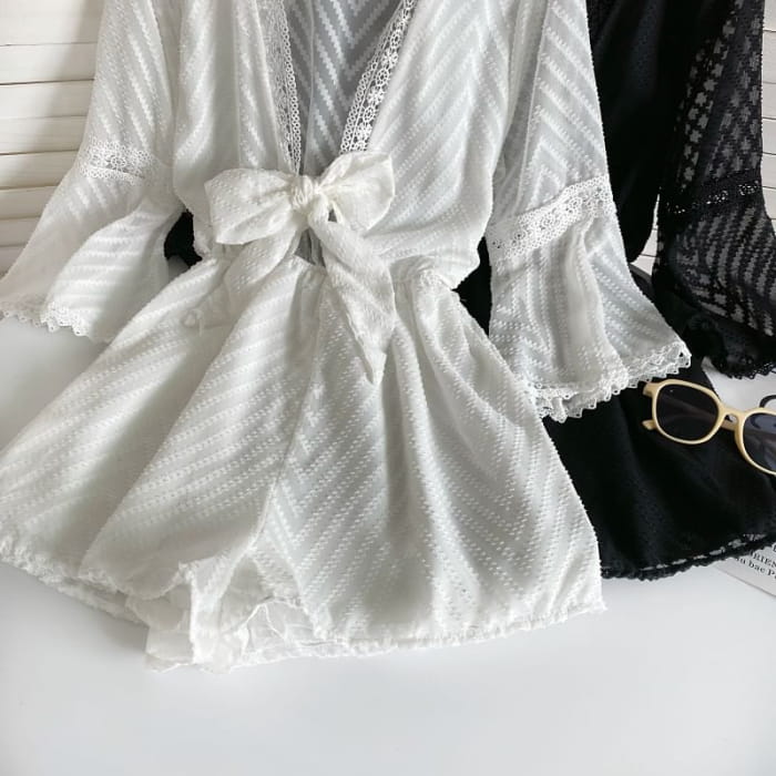 Long-Sleeve V-Neck Sheer Wide Leg Romper