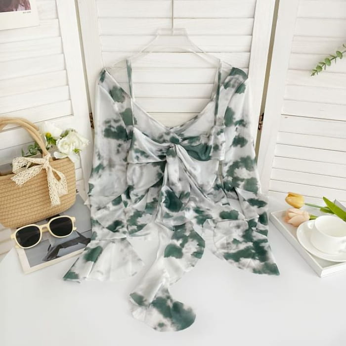 Long-Sleeve V-Neck Tie Dye Mock Two Piece Mesh Top - Green