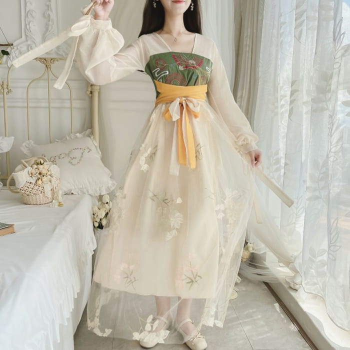 Long-Sleeve V-Neck Tie-Waist Floral Embroidery Sheer Maxi