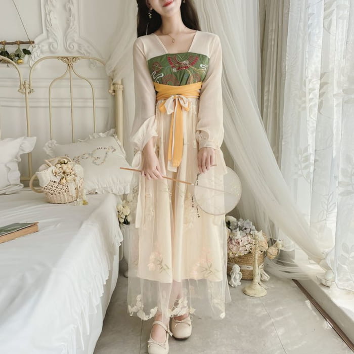 Long-Sleeve V-Neck Tie-Waist Floral Embroidery Sheer Maxi