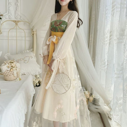 Long-Sleeve V-Neck Tie-Waist Floral Embroidery Sheer Maxi