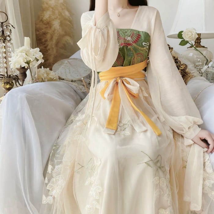 Long-Sleeve V-Neck Tie-Waist Floral Embroidery Sheer Maxi