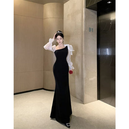 Long-Sleeve V-Neck Two Tone Mermaid Evening Gown