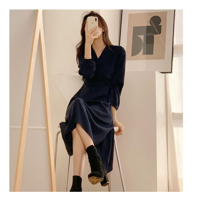 Long-Sleeve V-Neck Wrap Plain Midi Dress