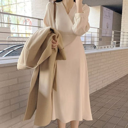 Long-Sleeve V-Neck Wrap Plain Midi Dress