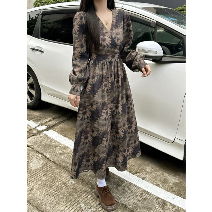 Long Sleeve V-Neck Wrap Sunflower Print Midi A-Line Dress