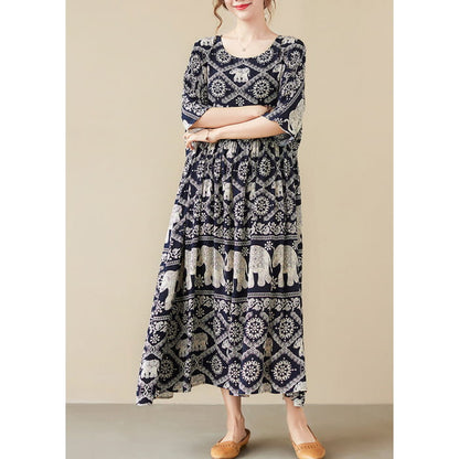 Loose Black O-Neck Print Maxi Dress Half Sleeve VB1010