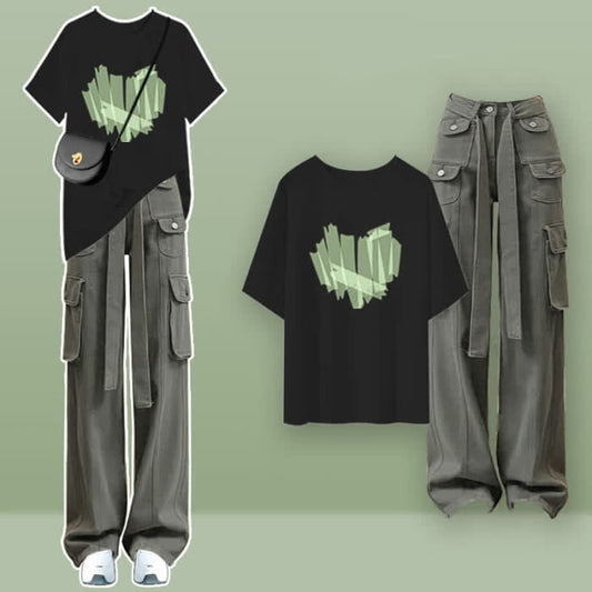 Love Heart Black T-Shirt Cargo Pants Set