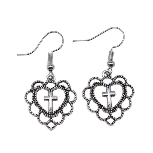 Love Heart Cross Earrings - Standart / Silver - earrings