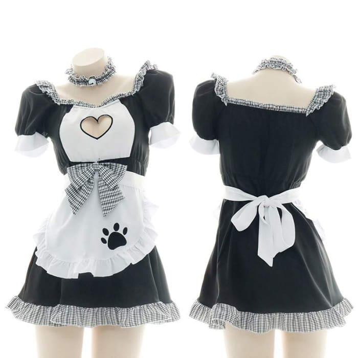 Love Heart Hollow Maid Lingerie Set - Black / One Size