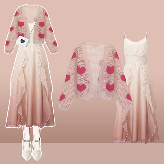 Love Heart Hollow Out Cardigan Flouncing Dress