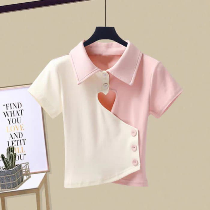 Love Heart Hollow Out Crop Top T-Shirt Pink Mini Denim