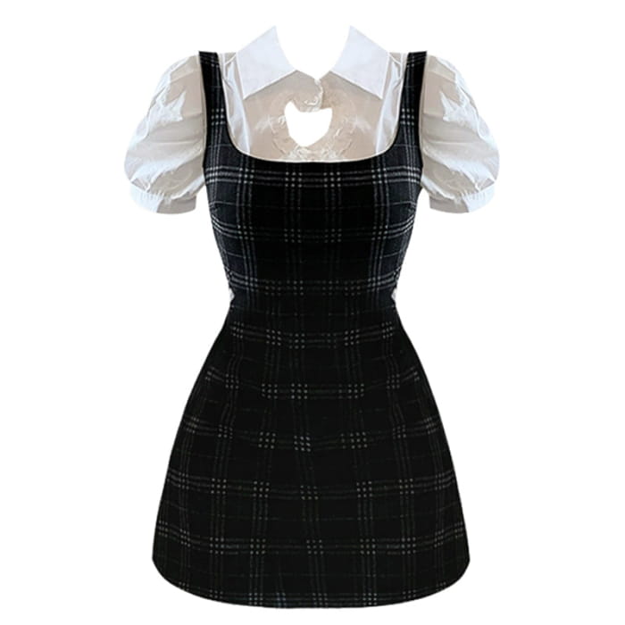 Love Heart Hollow Out T-Shirt Lace Up Plaid Dress Set