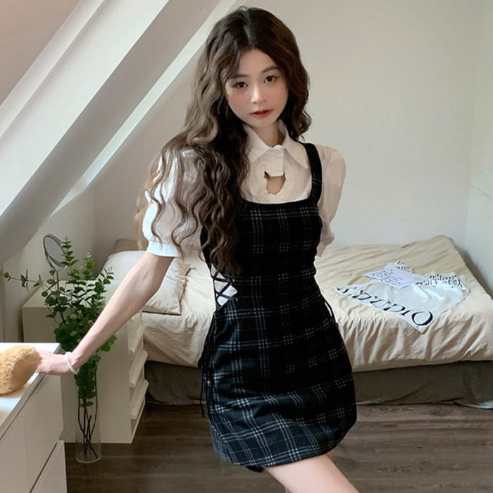 Love Heart Hollow Out T-Shirt Lace Up Plaid Dress Set