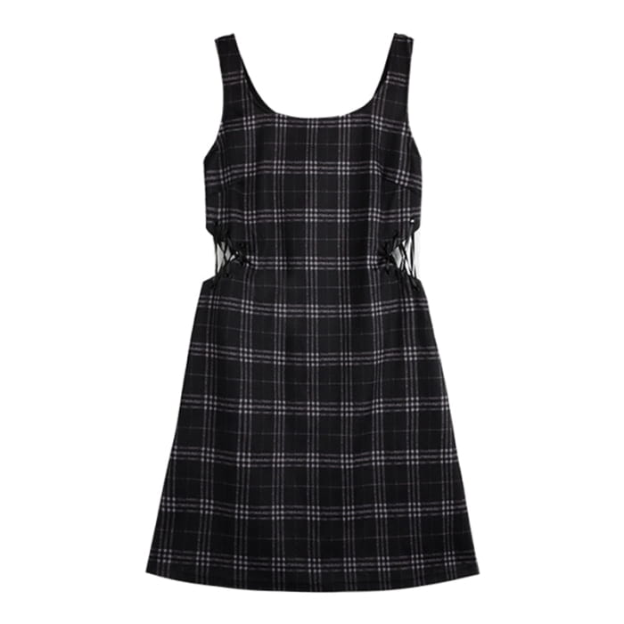 Love Heart Hollow Out T-Shirt Lace Up Plaid Dress Set - S