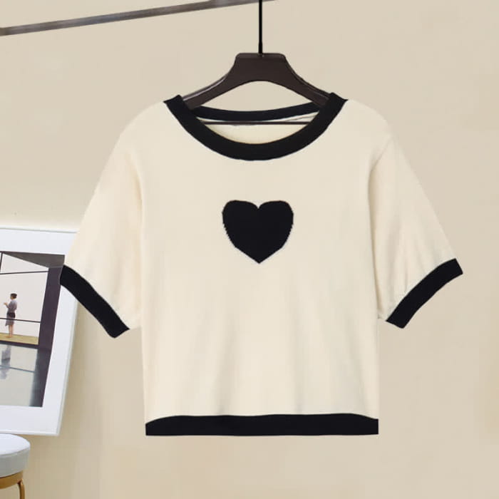 Love Heart Print T-Shirt Lattice Flouncing Split Skirt Set