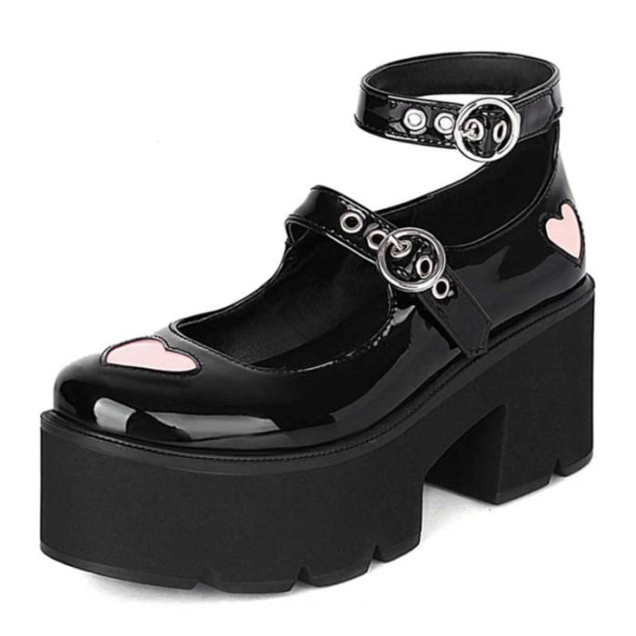 Lovely Heart High Heels Lolita Mary Janes Shoes - Black / 35