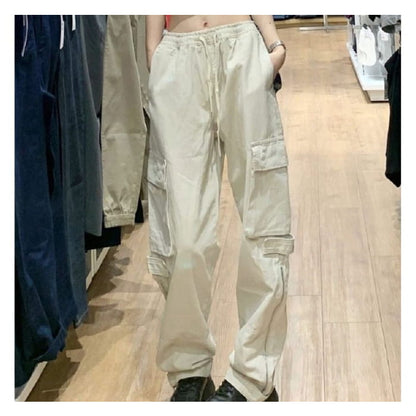 Low Rise Plain Drawstring Cargo Baggy Pants