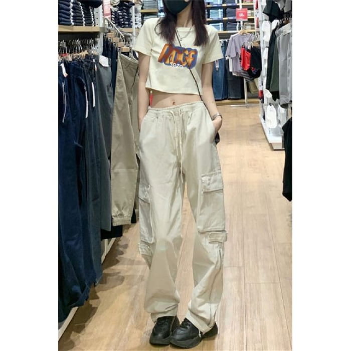 Low Rise Plain Drawstring Cargo Baggy Pants - Off-White / S