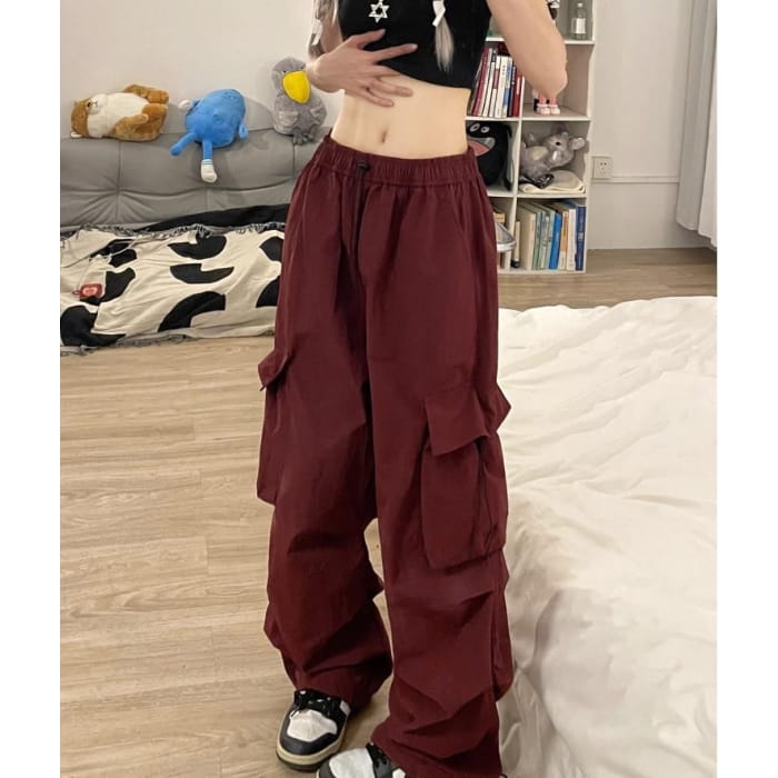 Low Waist Plain Wide Leg Cargo Pants