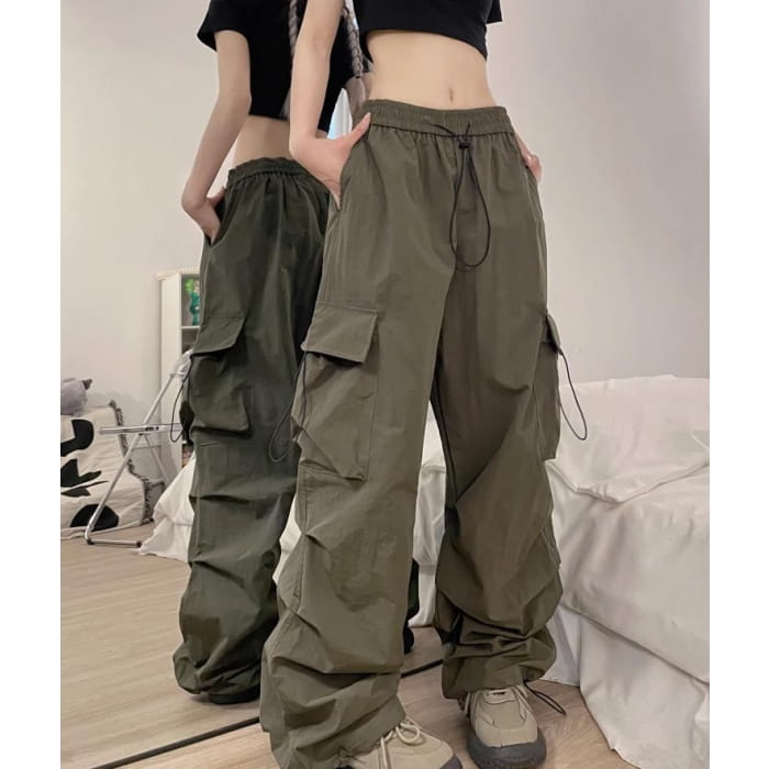 Low Waist Plain Wide Leg Cargo Pants