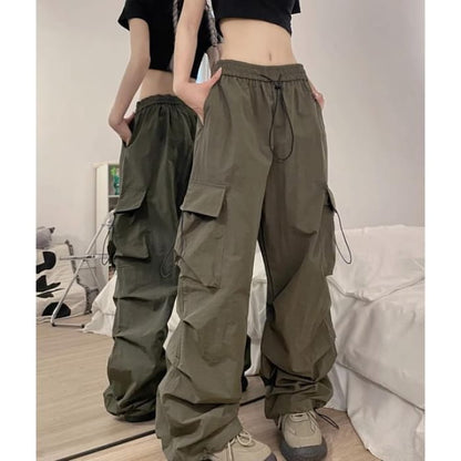 Low Waist Plain Wide Leg Cargo Pants - Army Green / S