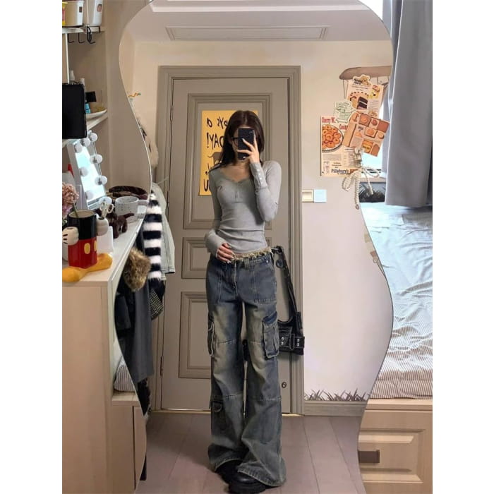 Low Waist Washed Wide Leg Cargo Jeans