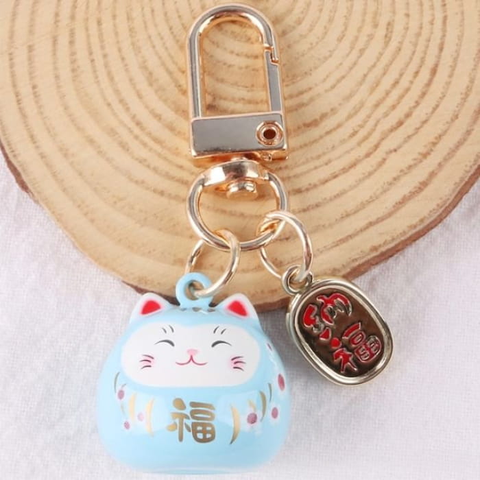 Lucky Cat Keychain - Q469-5 - White & Light Blue Red Gold