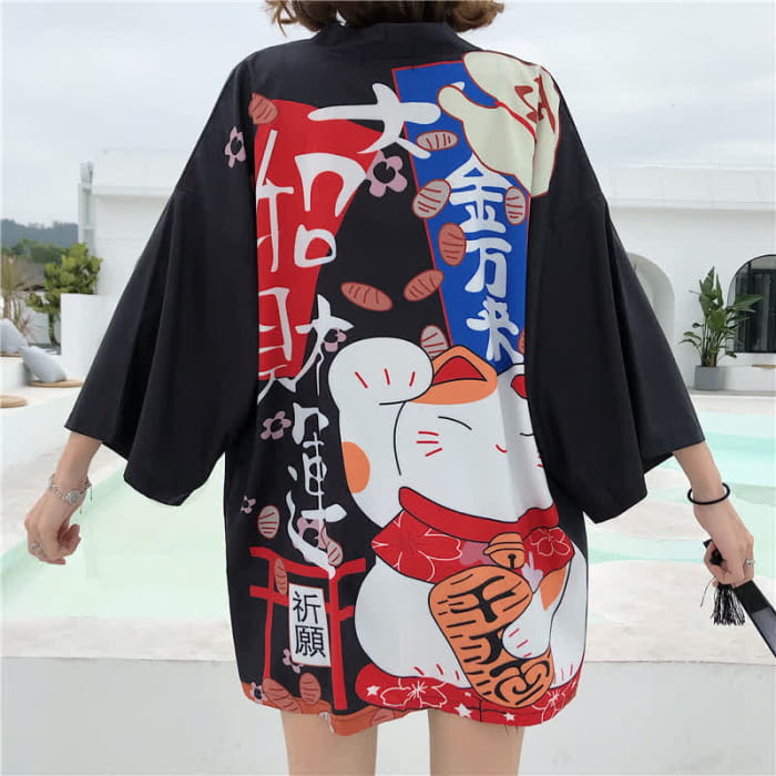 Lucky Cat Letter Print Cardigan Kimono Outerwear