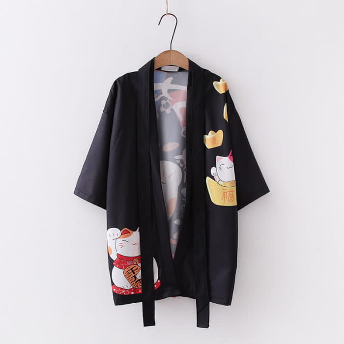 Lucky Cat Letter Print Cardigan Kimono Outerwear - Black
