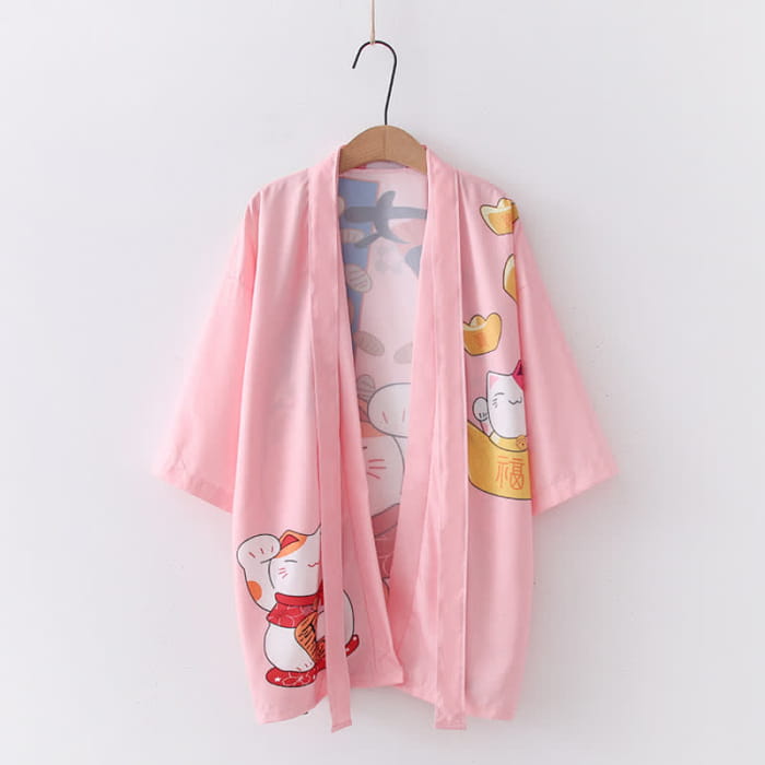 Lucky Cat Letter Print Cardigan Kimono Outerwear - Pink