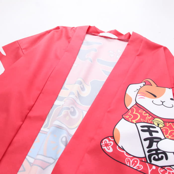 Lucky Cat Print Cardigan Kimono Outerwear