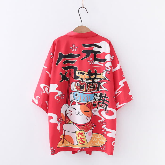 Lucky Cat Print Cardigan Kimono Outerwear