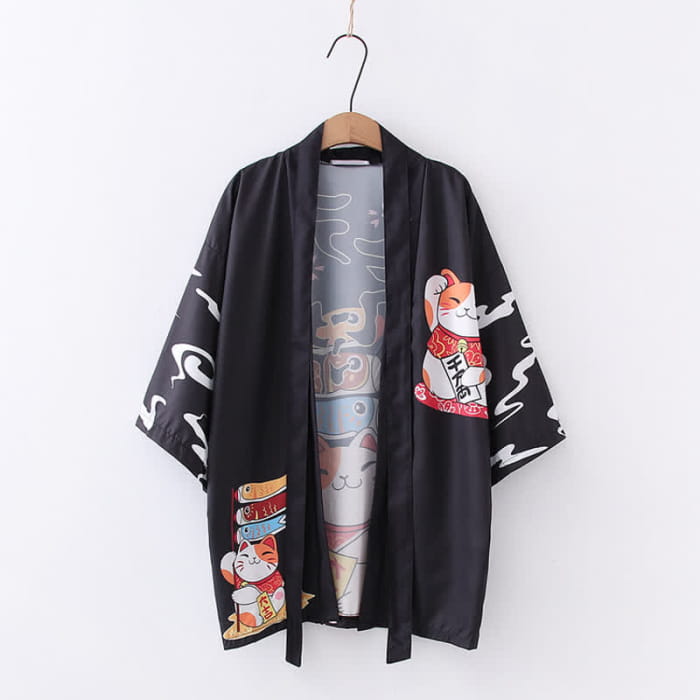 Lucky Cat Print Cardigan Kimono Outerwear - Black / One Size